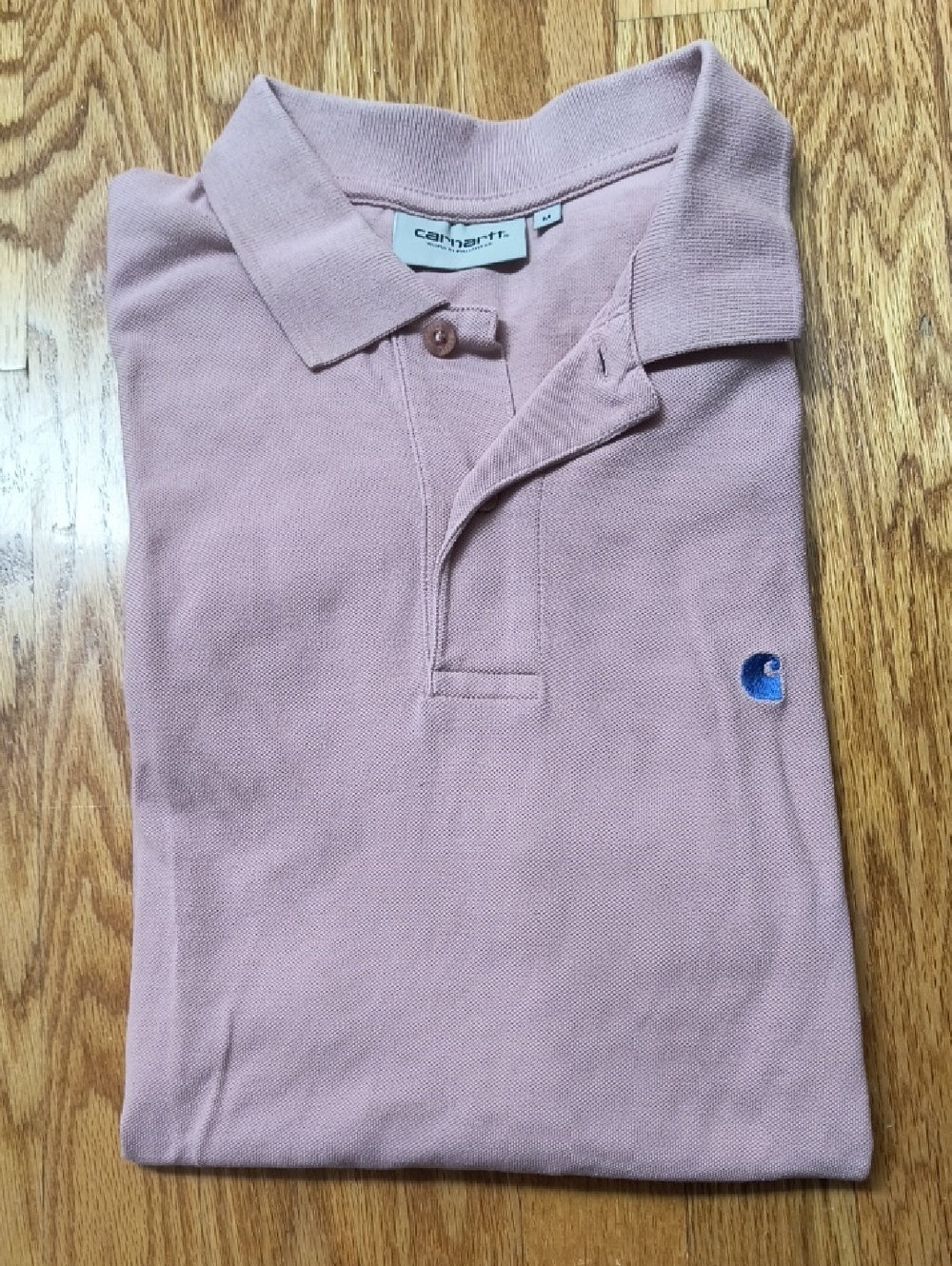 Carhartt Dusty Pink Polo Shirt with Blue Logo, Women's Medium